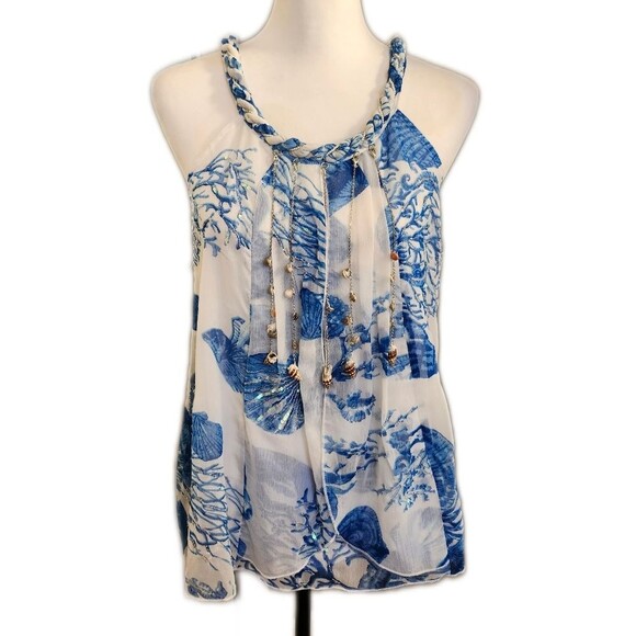 Boston Proper sleeveles sheer lined halter top, white & blue w sequins 2 - Picture 1 of 10